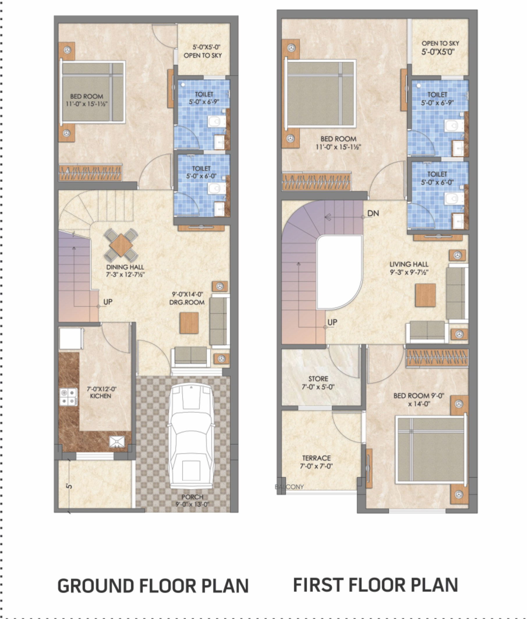 Type A Floor Plan - 1587 sq.ft 3 BHK Villa