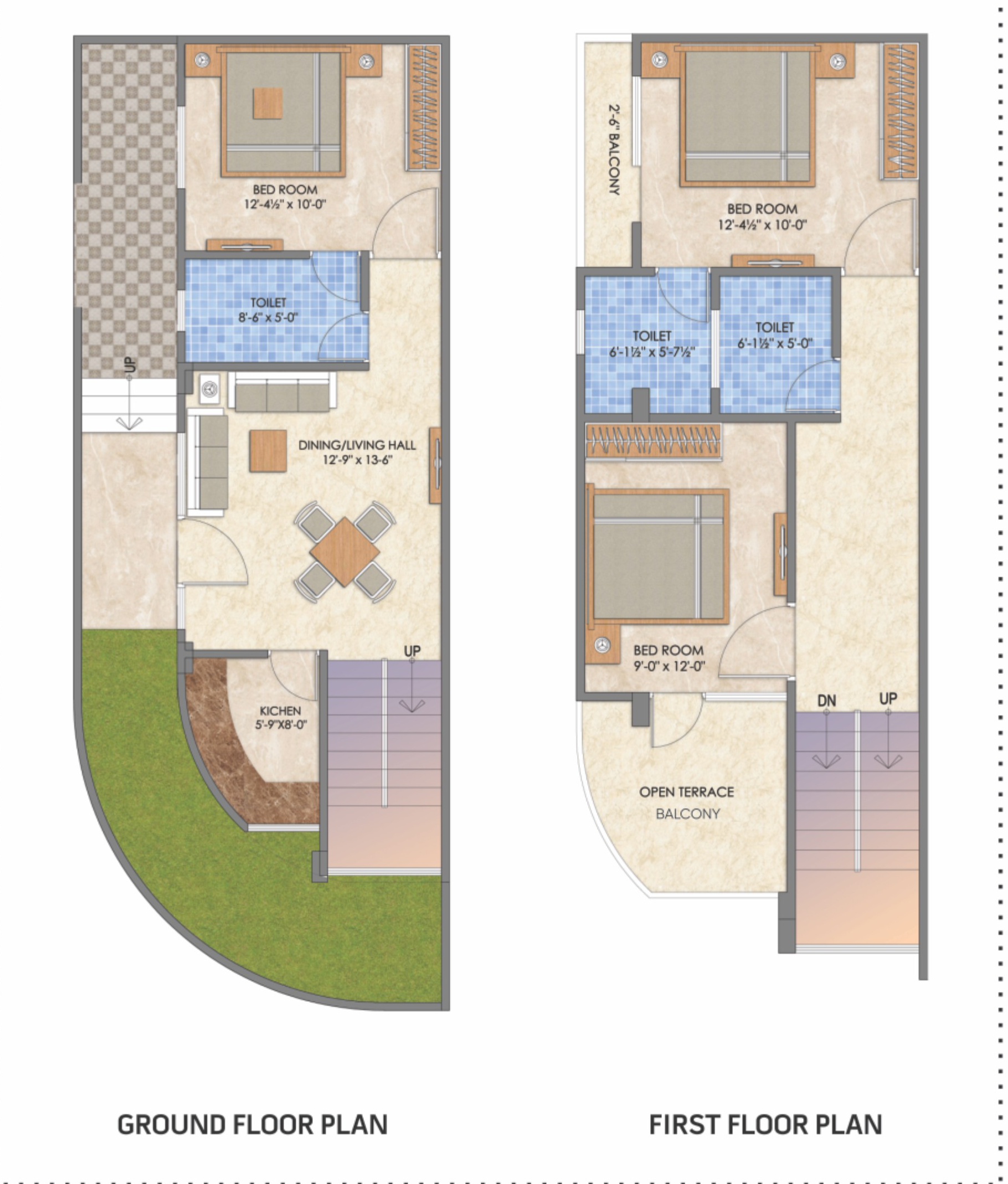 Type C Floor Plan - 1350 sq.ft 3 BHK Corner Villa